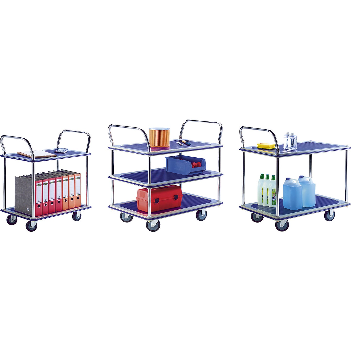 Table trolley chrome plated, 3 shelves with non-slip covering, 2 push handles, max. load 250 kg.