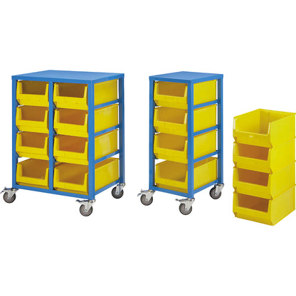 Order picking trolley, light blue RAL 5012, height 1050 mm, with 8 x 23 litre plastic containers.