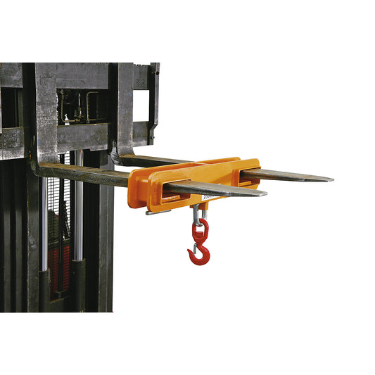 Load hook for 2 fork tips, max. load 1 t, painted, yellow orange RAL 2000.