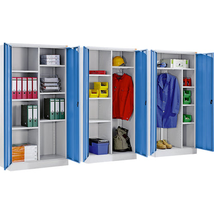 Venlo locker for cleaning products, 1 coat rail, 1 storage shelf, 3 shelves, light grey / light blue.