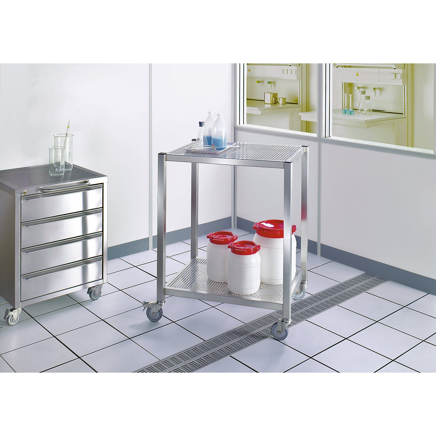 Cleanroom platform trolley, made of stainless steel, 2 shelves, length 1000 mm.