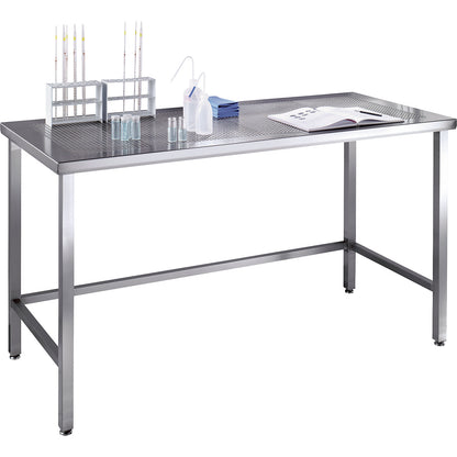 Stainless steel cleanroom table with perforated worktop, made of stainless steel, WxD 1600 x 700 mm.