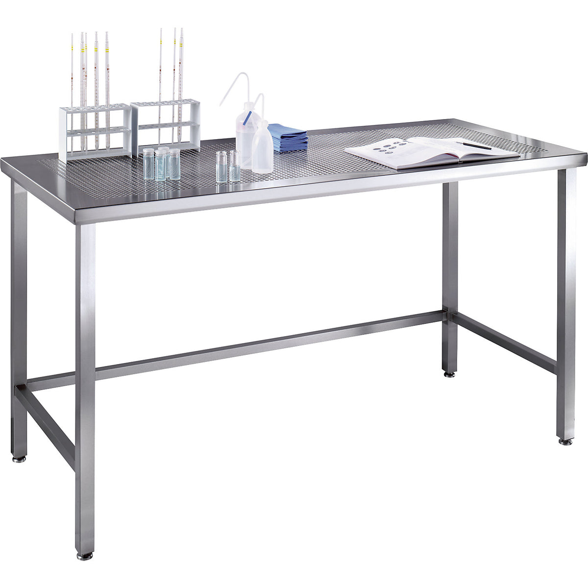 Stainless steel cleanroom table with perforated worktop, made of stainless steel, WxD 1800 x 600 mm.