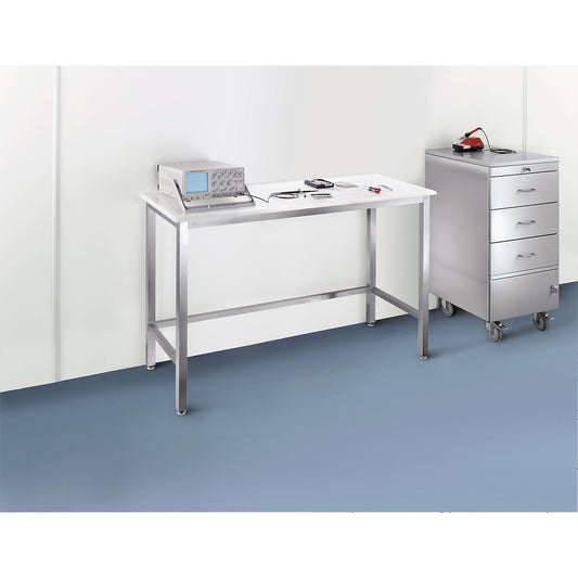 Stainless steel cleanroom table with polypropylene worktop, stainless steel frame, height 900 mm, WxD 1400 x 600 mm.