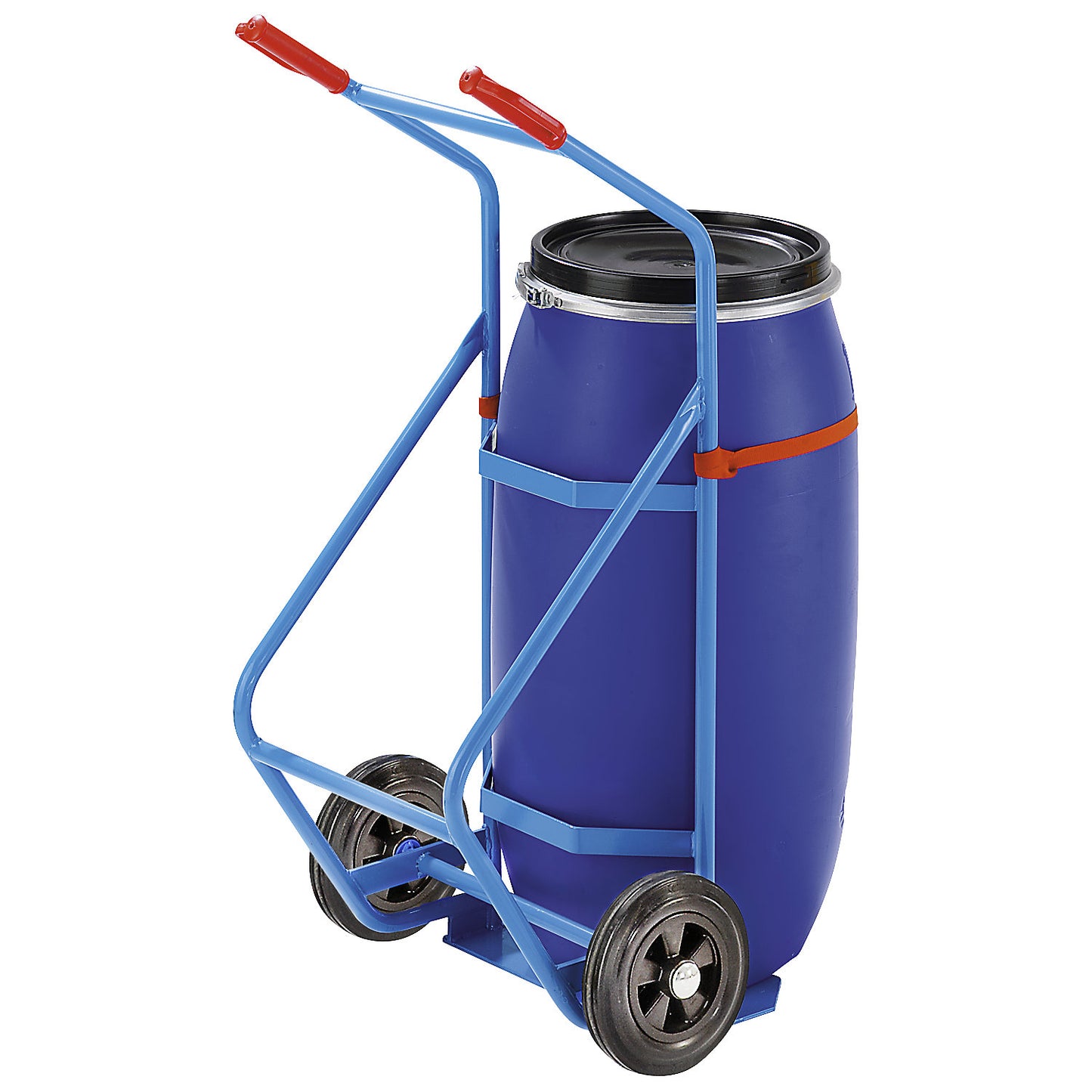 Drum truck for plastic drums, max. load 250 kg, solid rubber wheels.