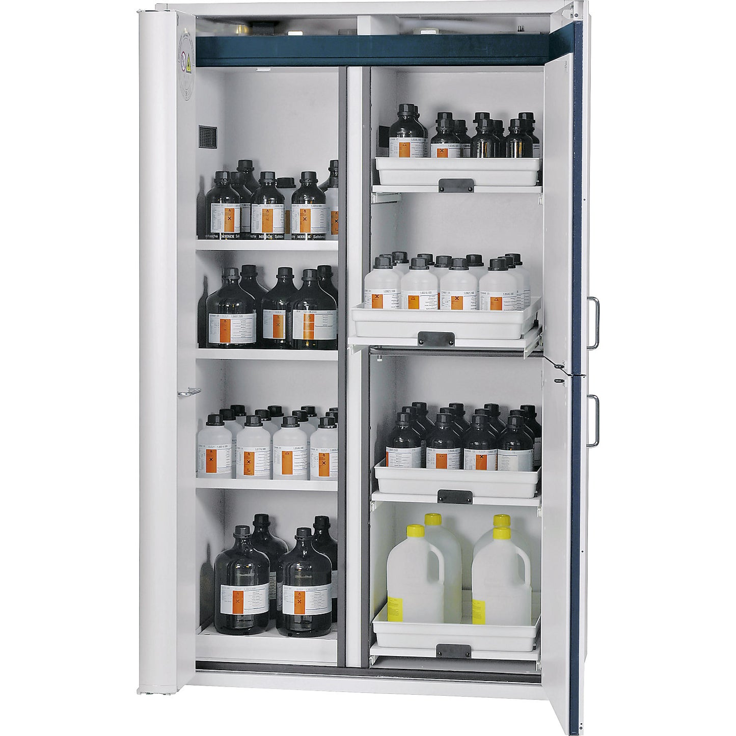 Type 90 safety combination cupboard, 2 doors, 3 shelves, 4 trays, for flammable and corrosive media.