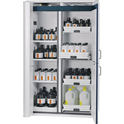 Type 90 safety combination cupboard, 2 doors, 3 shelves, 4 trays, for flammable and corrosive media.