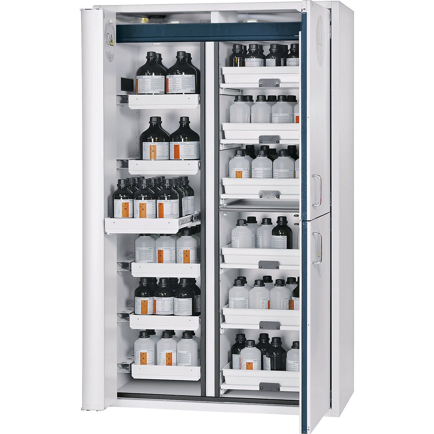 Type 90 safety combination cupboard, 2 doors, 6 drawers, 6 trays, for flammable and corrosive media.