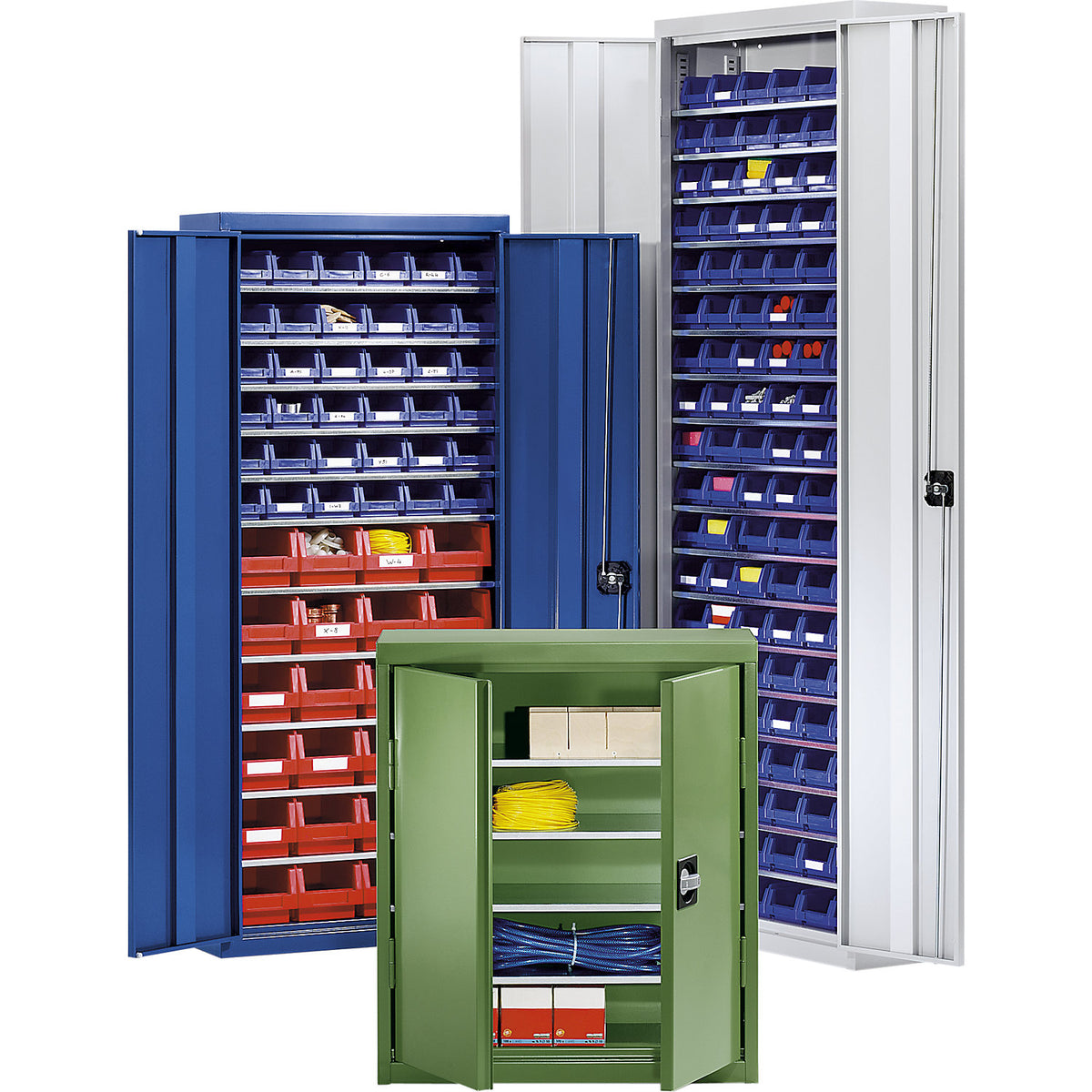 Storage cupboard with storage boxes, height 2000 mm, 18 shelves, light grey / gentian blue.