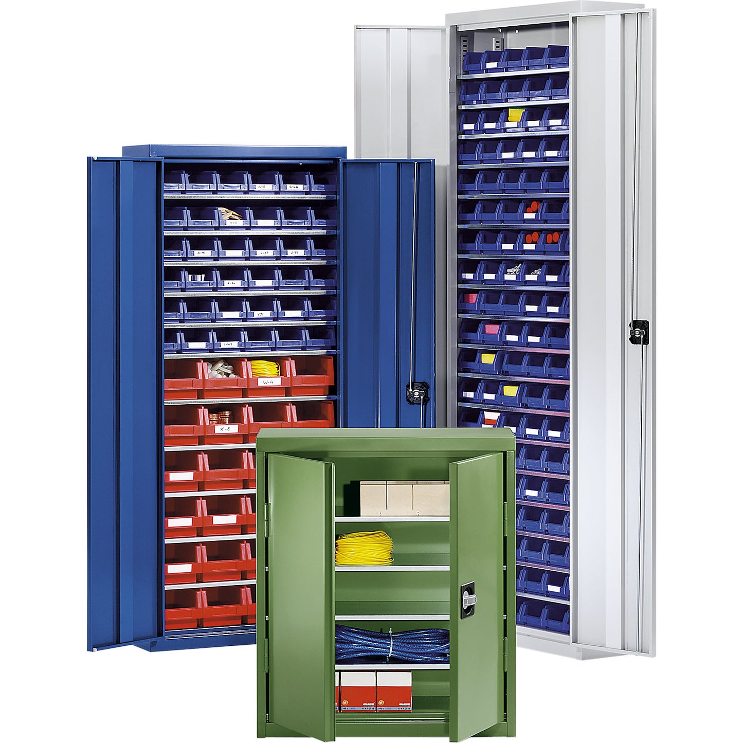 Storage cupboard made of sheet steel, height 1575 mm, light grey RAL 7035 / gentian blue RAL 5010, 14 shelves.