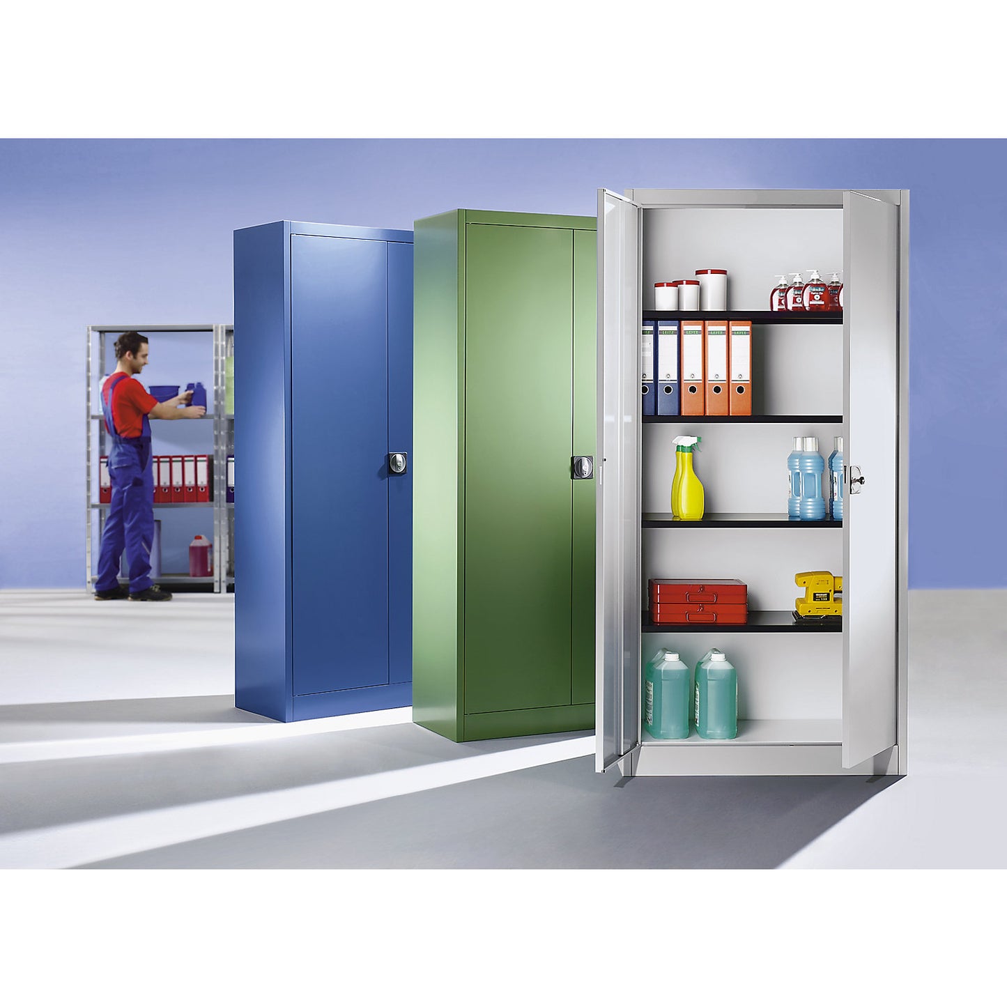 Double door cupboard, HxW (external) 1950 x 950 mm, with 4 shelves, depth 420 mm, light grey RAL 7035.