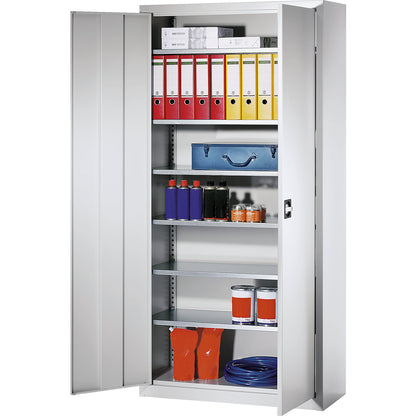 Double door cupboard made of sheet steel, HxWxD 1950 x 950 x 400 mm, 6 shelves, light grey RAL 7035.