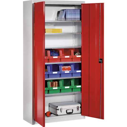 Storage cupboard made of sheet steel, with 12 open fronted storage bins, light grey RAL 7035 / traffic red RAL 3020.