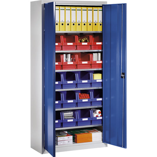 Storage cupboard made of sheet steel, with 20 open fronted storage bins, light grey RAL 7035 / gentian blue RAL 5010.