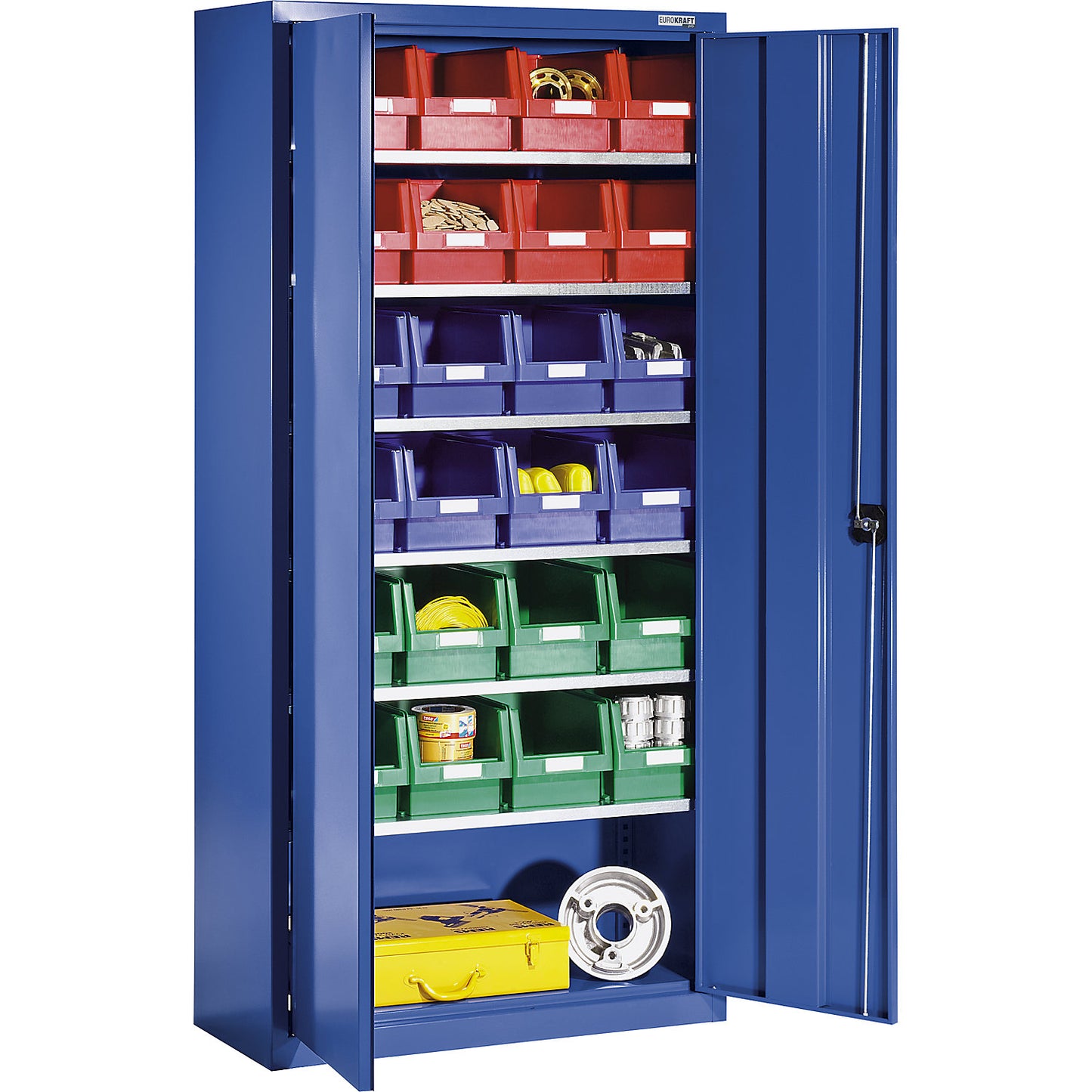 Storage cupboard made of sheet steel, with 24 open fronted storage bins, gentian blue RAL 5010.