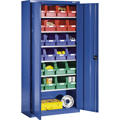 Storage cupboard made of sheet steel, with 24 open fronted storage bins, gentian blue RAL 5010.