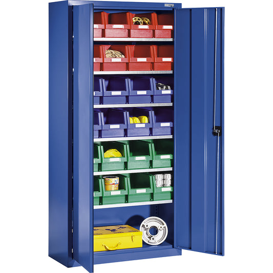 Storage cupboard made of sheet steel, with 24 open fronted storage bins, gentian blue RAL 5010.