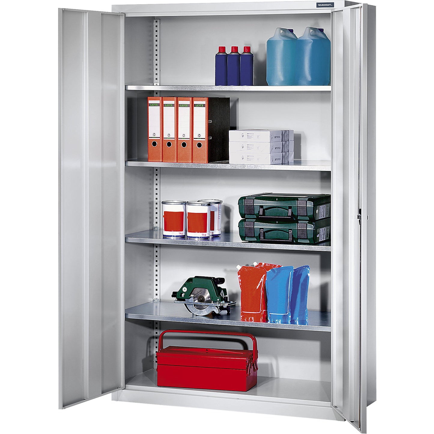 Double door cupboard made of sheet steel, HxWxD 1950 x 1200 x 500 mm, 4 shelves, body and doors light grey.