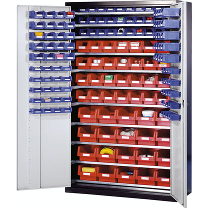 Large cupboard made of sheet steel, with 10 shelves, 165 open fronted storage bins, body in light grey, doors in gentian blue.