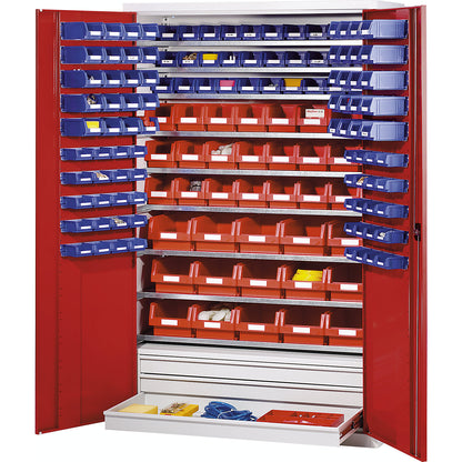 Large cupboard made of sheet steel, with 9 shelves, 152 open fronted storage bins and 3 drawers, body and doors gentian blue.