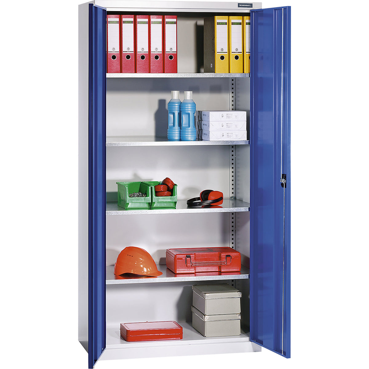 Double door cupboard made of sheet steel, HxWxD 1950 x 950 x 500 mm, 4 shelves, light grey RAL 7035 / gentian blue RAL 5010.
