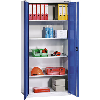 Double door cupboard made of sheet steel, HxWxD 1950 x 950 x 500 mm, 4 shelves, light grey RAL 7035 / gentian blue RAL 5010.