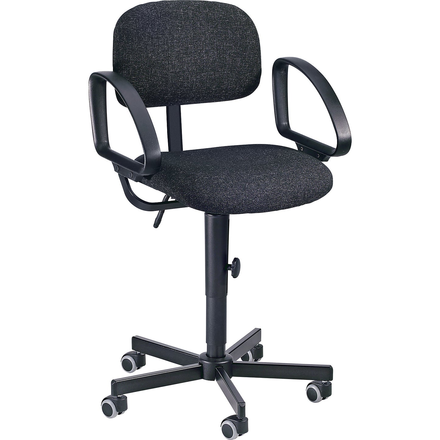 Industrial swivel chair, manual height adjustment, with castors, fabric.