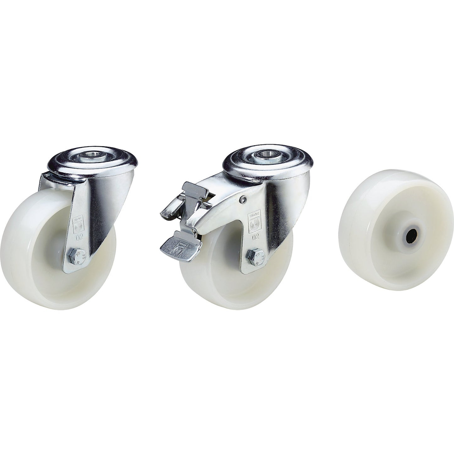 Nylon wheel with bolt hole, wheel Ø x width 125 x 38 mm, swivel castor.