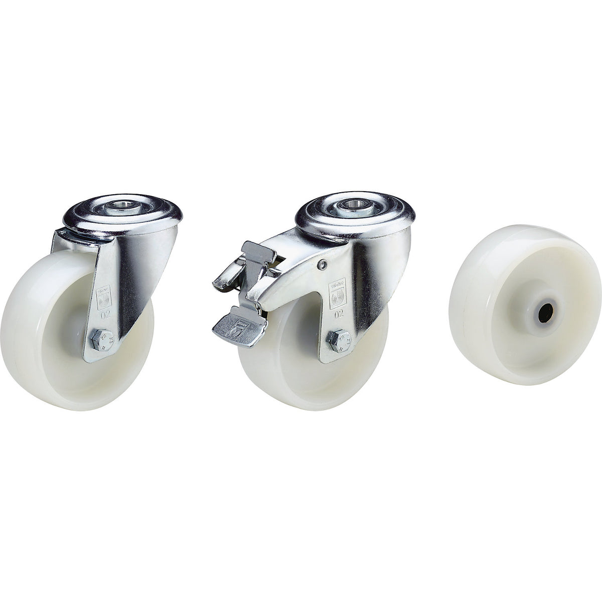 Nylon wheel with bolt hole, wheel Ø x width 80 x 35 mm, swivel castor with double stop.