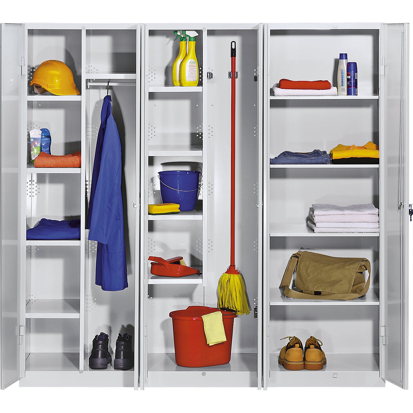 Frankfurt cleaning cupboard, 4 shelves, 5 tool holders, W 600 mm, jet black doors.