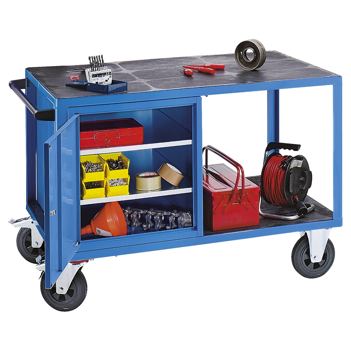 Assembly trolley, max. load 500 kg, 1 cupboard on the left, work surface made of plastic, light blue RAL 5012.