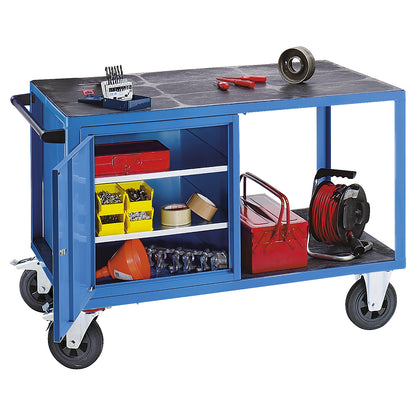 Assembly trolley, max. load 500 kg, 1 cupboard on the left, work surface made of plastic, light blue RAL 5012.