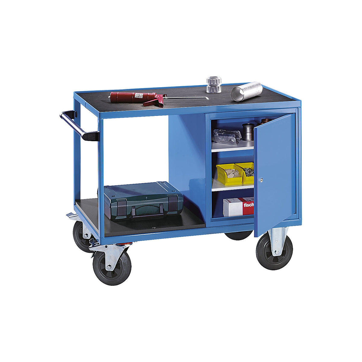 Assembly trolley, max. load 500 kg, 1 cupboard on the right, work surface made of ribbed rubber mat, light blue RAL 5012.