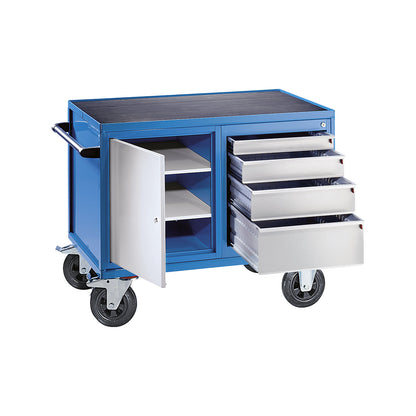Assembly trolley, max. load 500 kg, 1 cupboard, 4 drawers, white aluminium RAL 9006 / light blue RAL 5012.