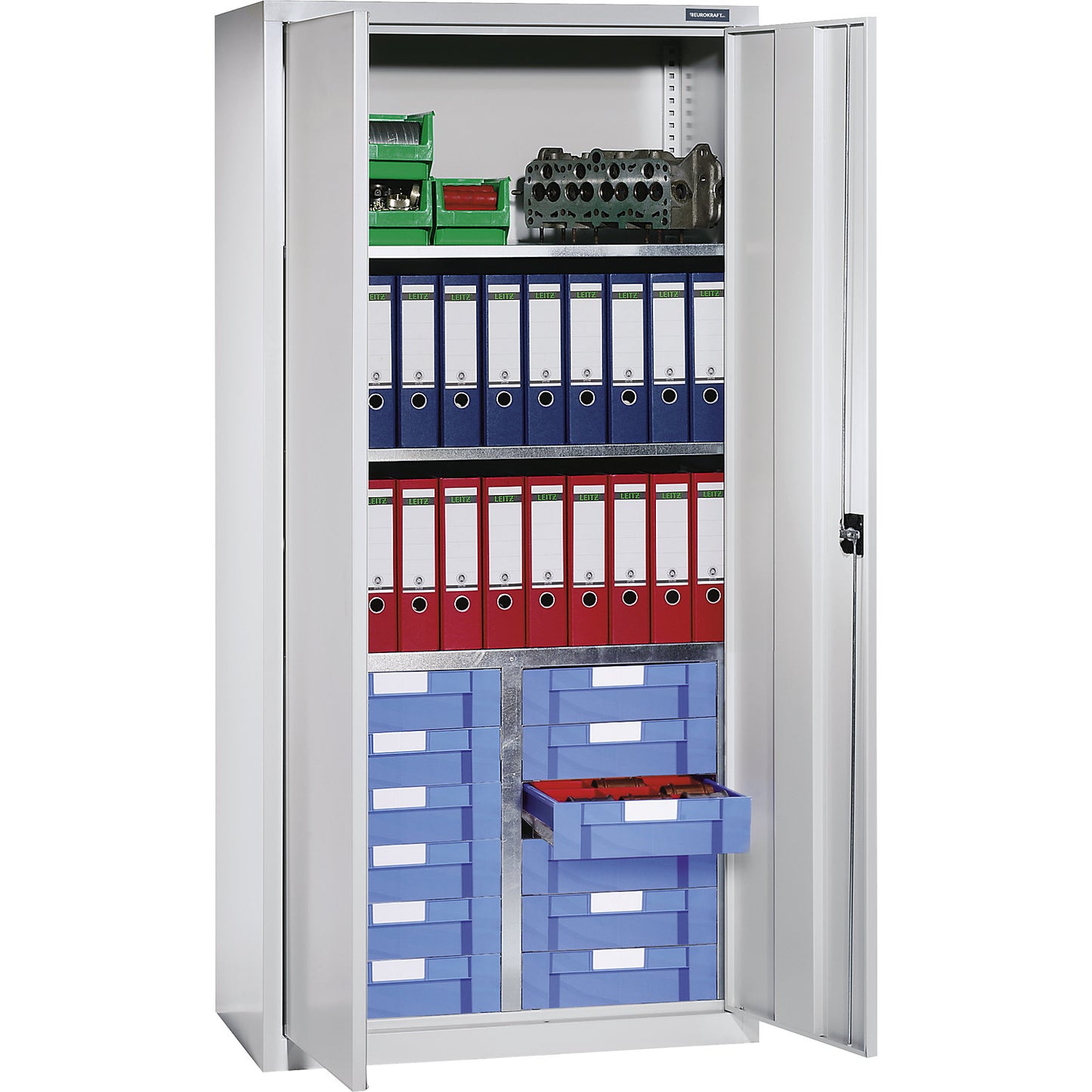 Storage and drawer cupboard, 3 shelves, 12 drawers, light grey RAL 7035.