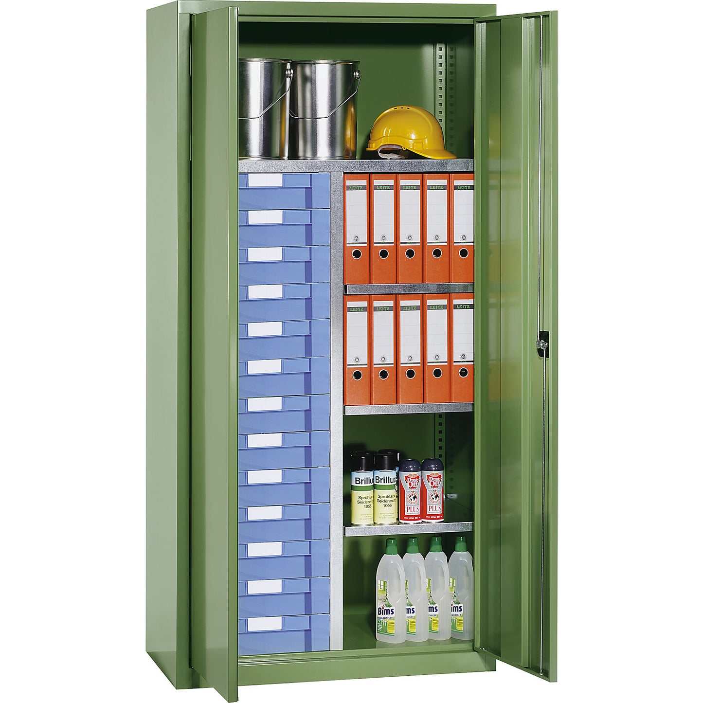 Storage and drawer cupboard, 4 shelves, 13 drawers, light grey RAL 7035.