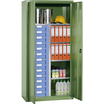 Storage and drawer cupboard, 4 shelves, 13 drawers, gentian blue RAL 5010.