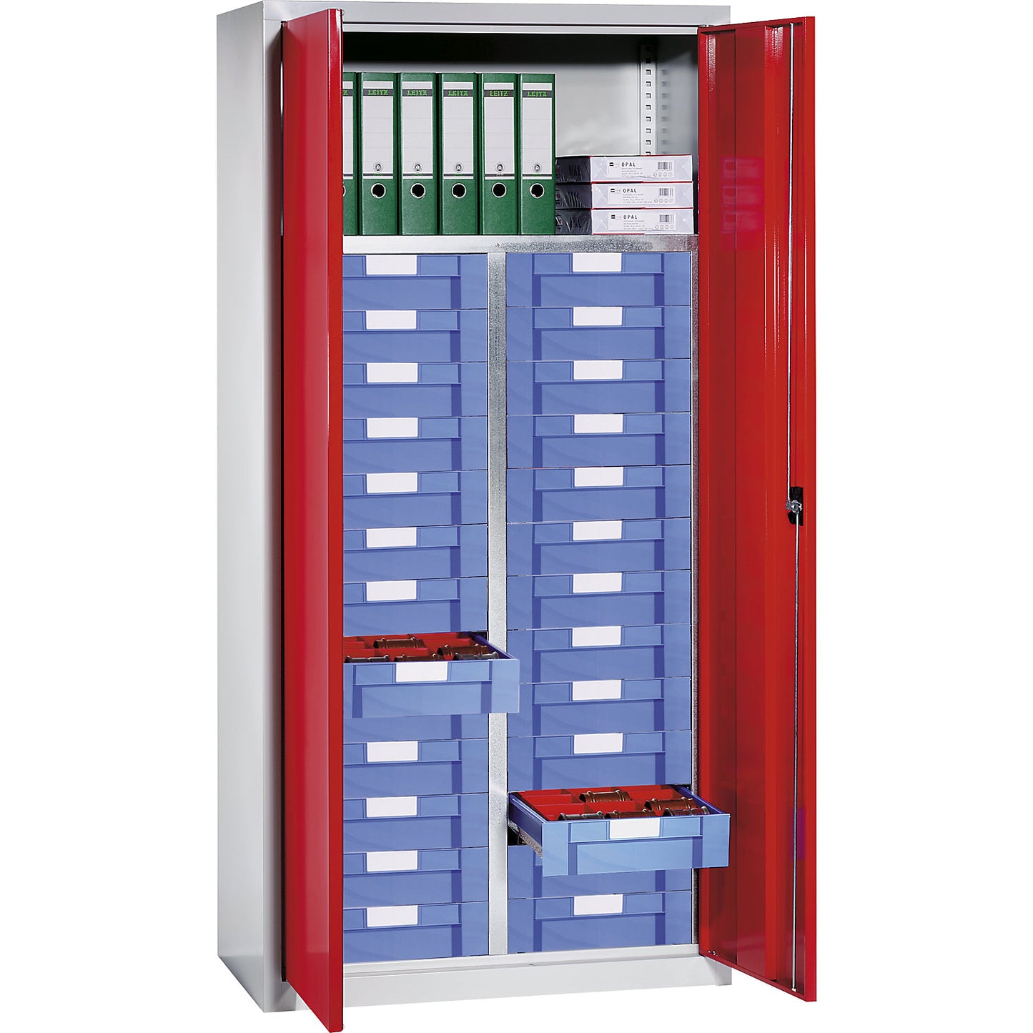 Storage and drawer cupboard, 1 shelf, 26 drawers, gentian blue RAL 5010.