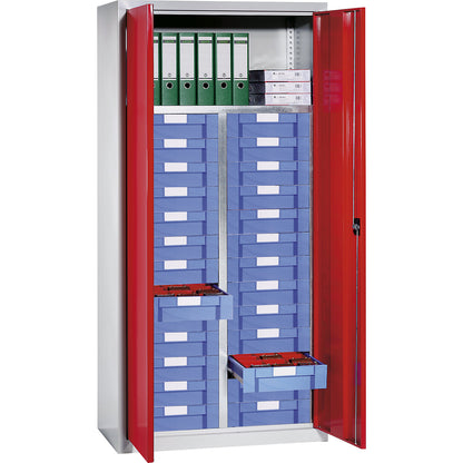 Storage and drawer cupboard, 1 shelf, 26 drawers, gentian blue RAL 5010.