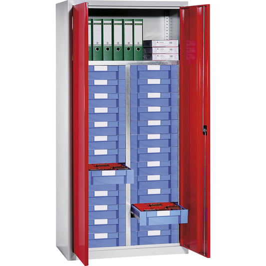 Storage and drawer cupboard, 1 shelf, 26 drawers, light grey RAL 7035 / traffic red RAL 3020.