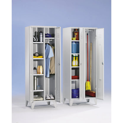 Berlin 2 locker for cleaning products, W 600 mm, 4 shelves, 1 clothes rail, light grey/light blue.