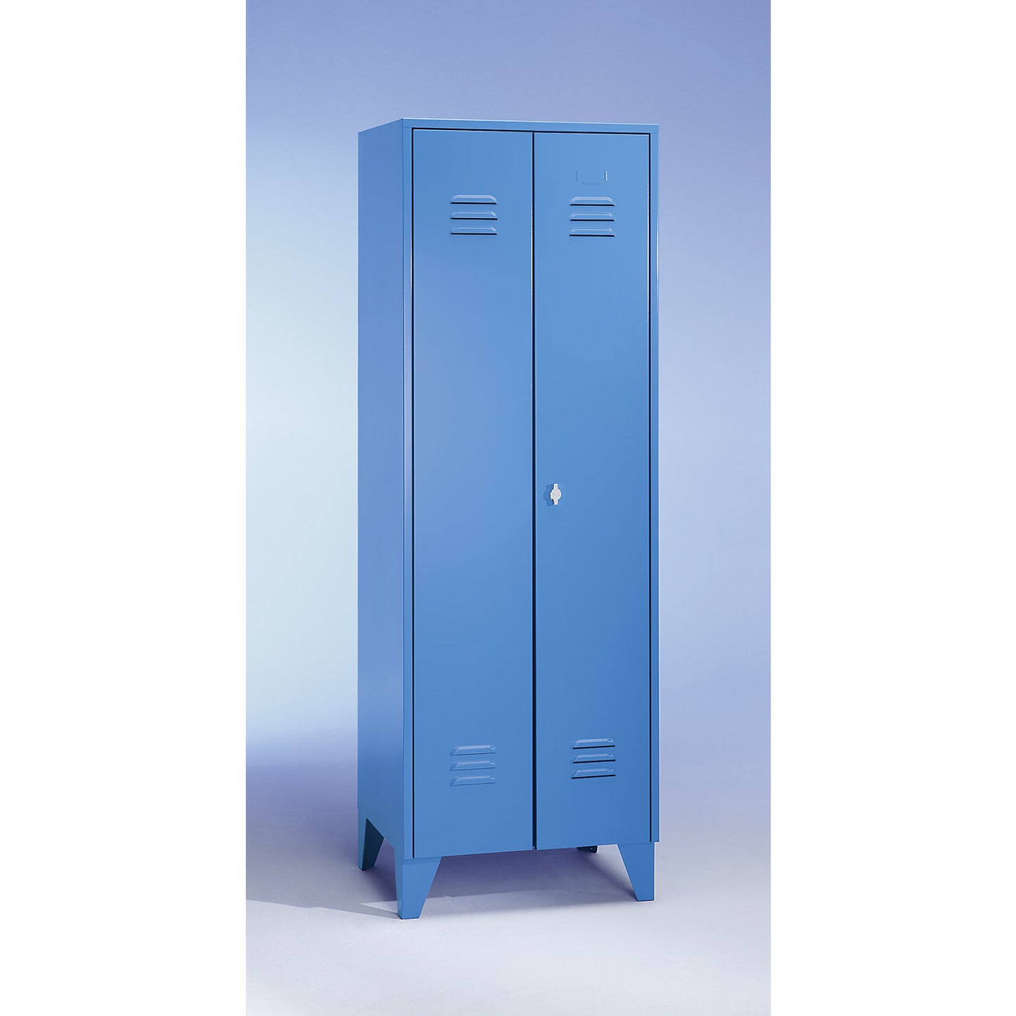 Berlin 2 locker for cleaning products, W 600 mm, 4 shelves, 1 clothes rail, light blue RAL 5012.
