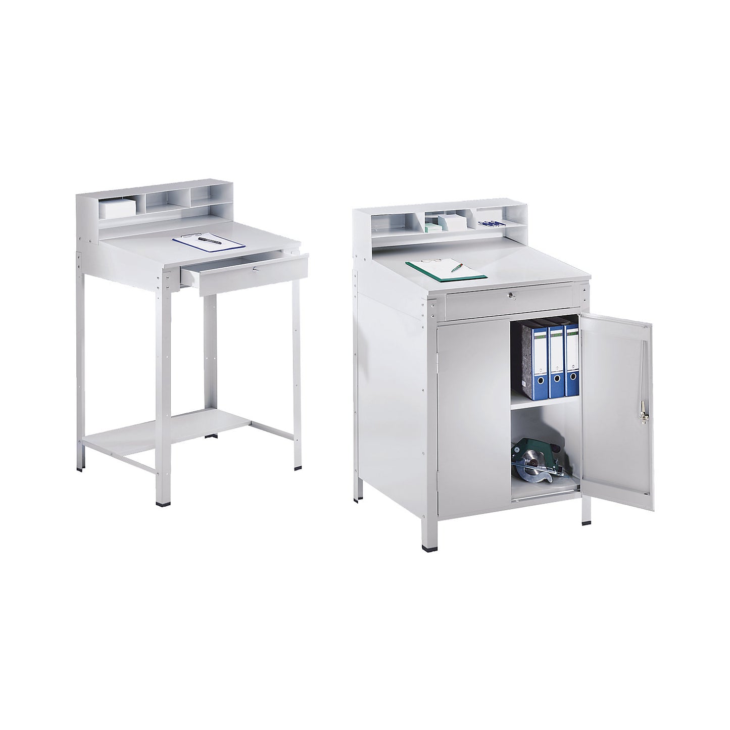 Pedestal desk with sorting compartments, with double door cupboard incl. 1 shelf, light grey RAL 7035.