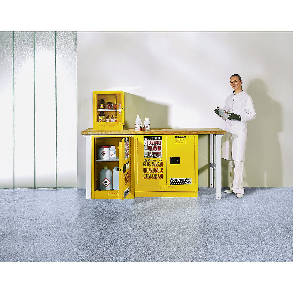 Small FM safety cupboard, table top cupboard, single door, self-closing, yellow.