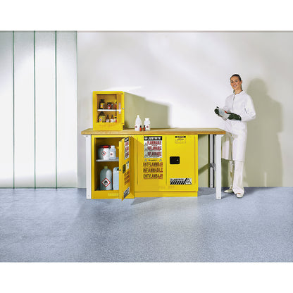 Small FM safety cupboard, table top cupboard, single door, manual doors, yellow.