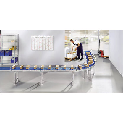Small roller conveyor, aluminium frame with plastic rollers, track width 400 mm, axle spacing 25 mm, length 1 m.