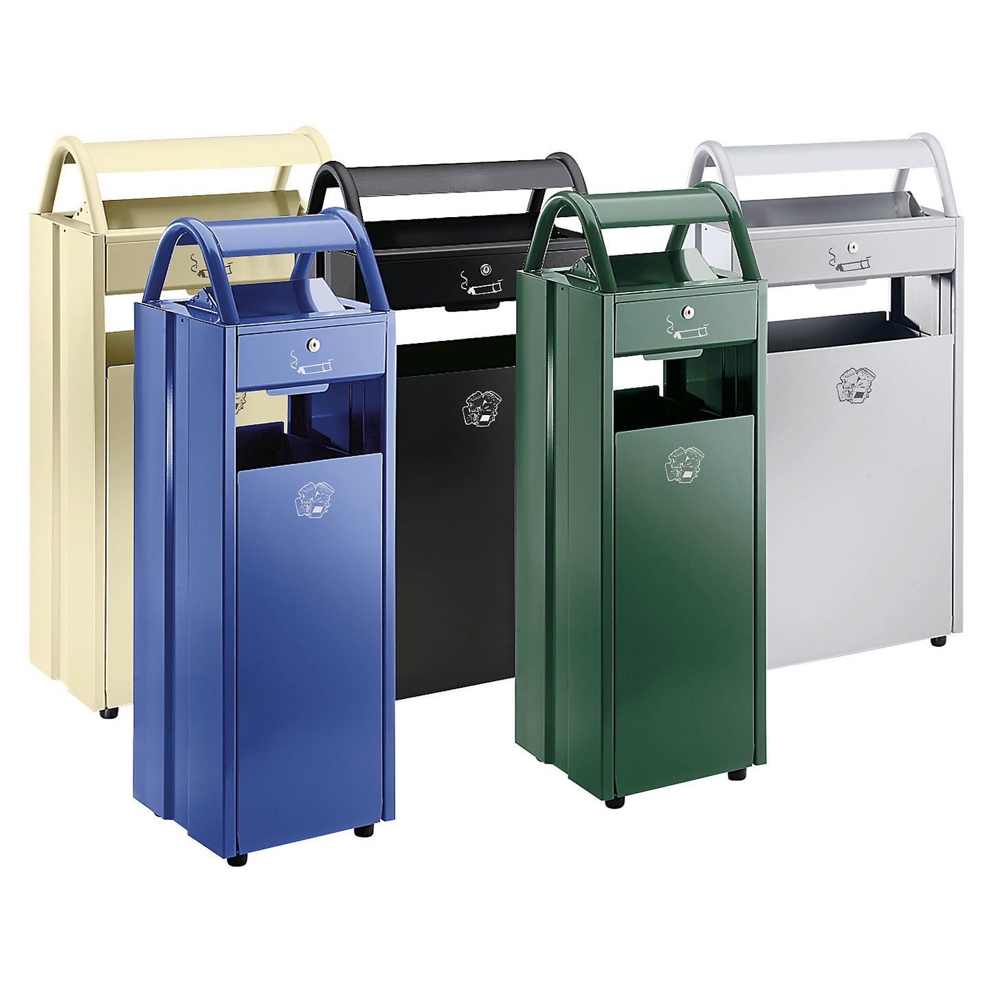 Waste collector with ashtray and rain protection hood, capacity 60 l, WxHxD 480 x 960 x 250 mm, moss green RAL 6005.