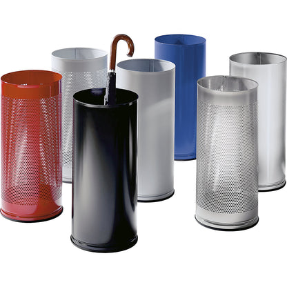 Umbrella stand, height 610 mm, perforated sheet metal, zinc plated, flame red RAL 3000.