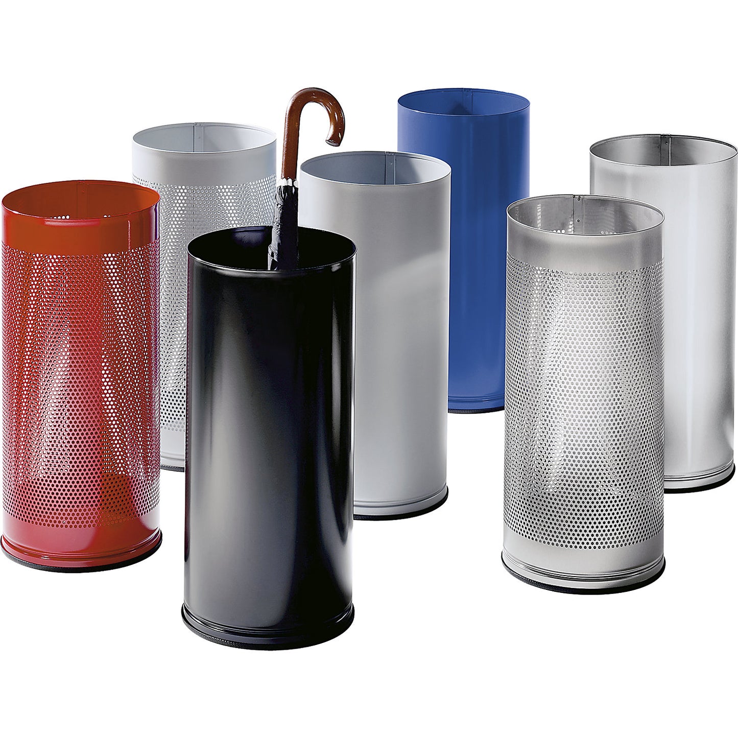 Umbrella stand, height 610 mm, perforated sheet metal, zinc plated, aluminium silver.