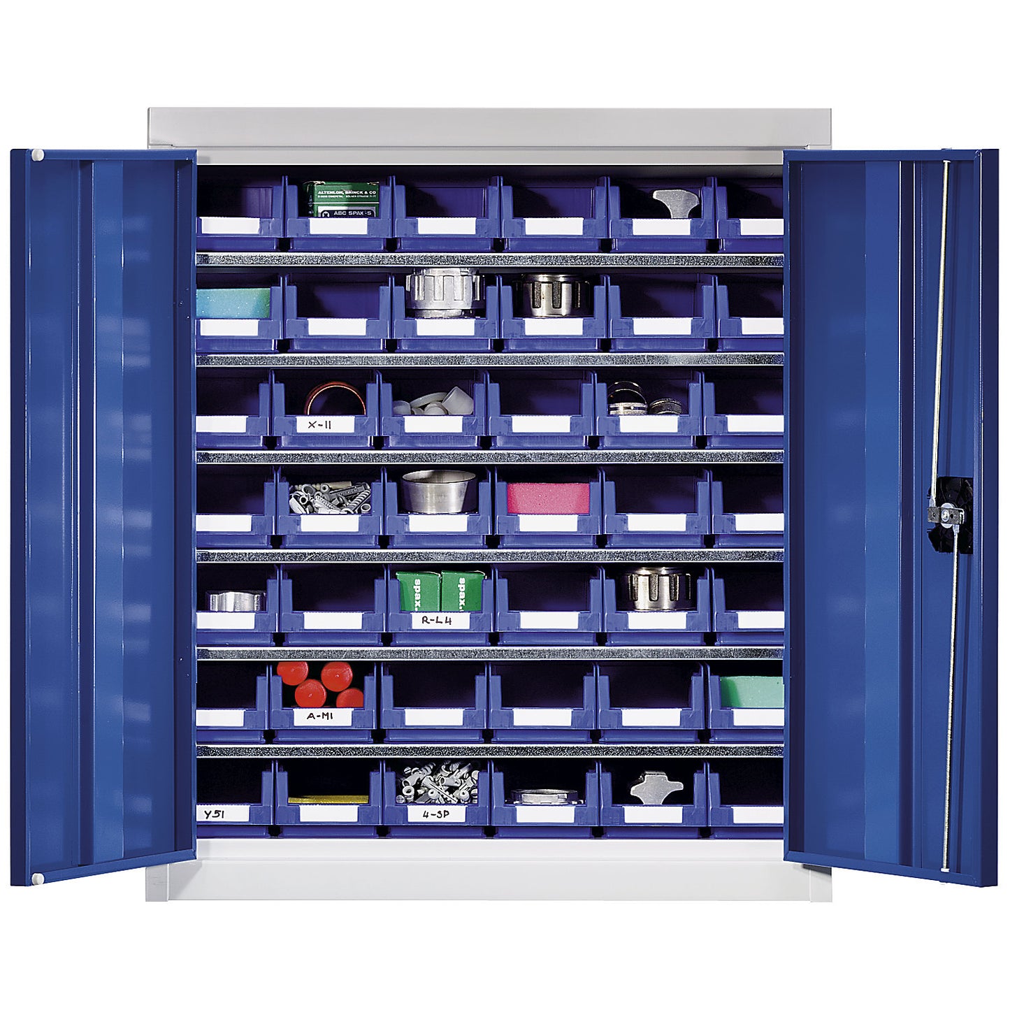 Storage cupboard with storage boxes, height 780 mm, 6 shelves, light grey.